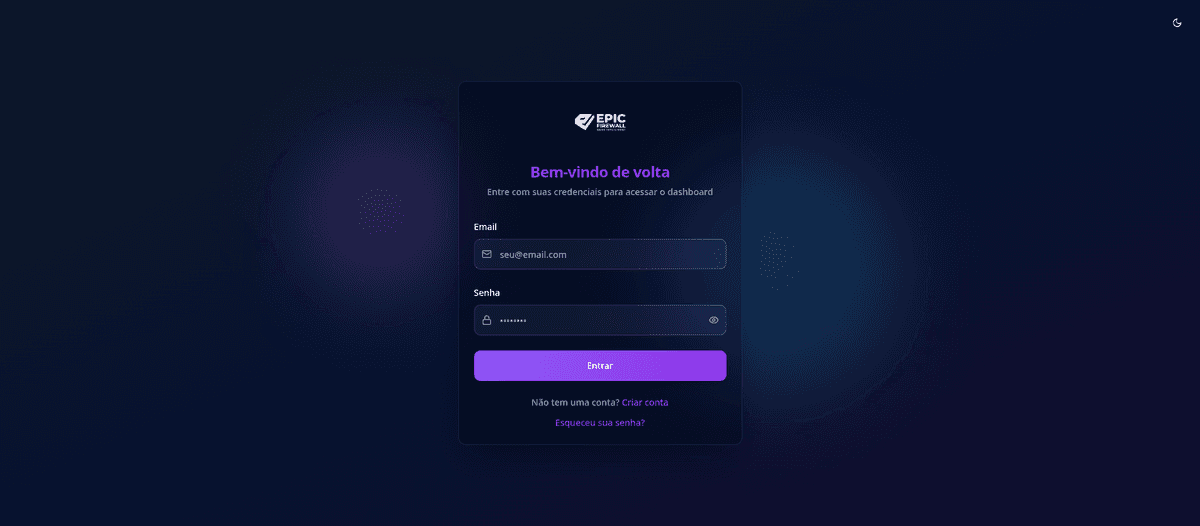 Tela de login do EPIC Shield